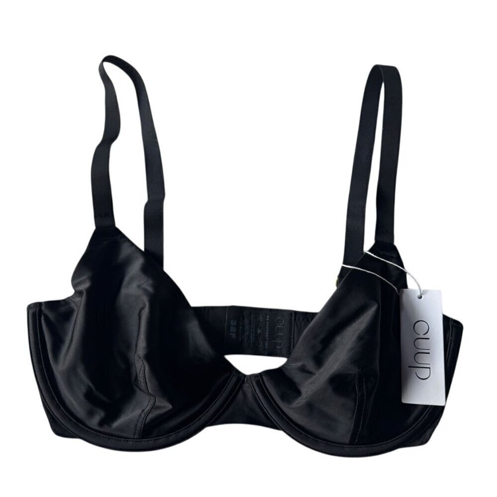 NWT CUUP Women's Sz 32F The Plunge Shine Satin Black Deep V Underwire Bra New